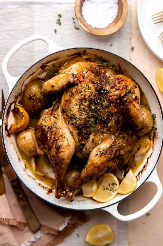 Lemon Herb Roasted Spatchcock Chicken Over Potatoes