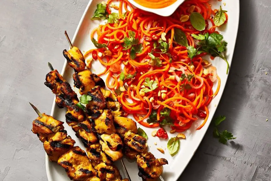 Chicken Satay and Spiraled Carrot Salad