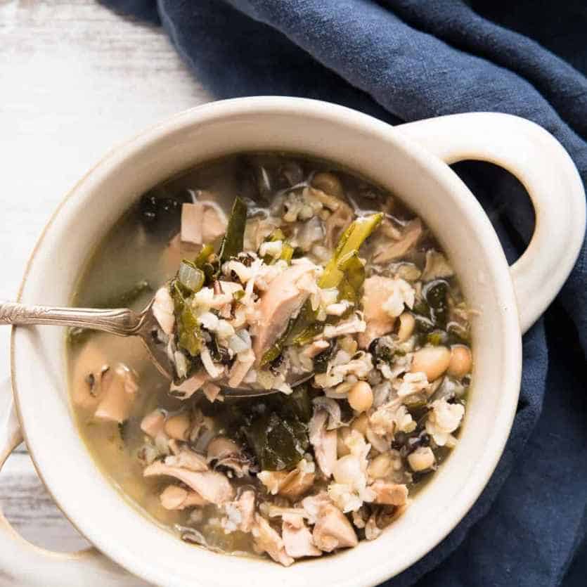 CHICKEN APPLE SAUSAGE, KALE, AND RICE SOUP